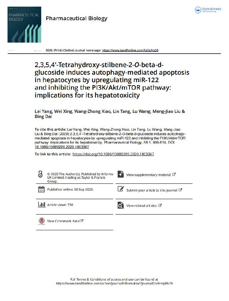 2,3,5,4′-Tetrahydroxy-stilbene-2-O-beta-dglucoside induces autophagy-mediated apoptosis in hepatocytes by upregulating miR-122 and inhibiting the PI3K/Akt/mTOR pathway: implications for its hepatotoxicity