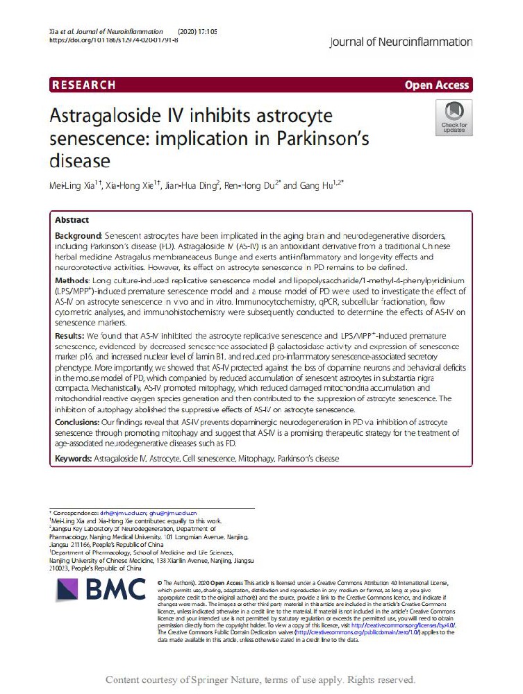 Astragaloside IV inhibits astrocyte senescence: implication in Parkinson’s disease