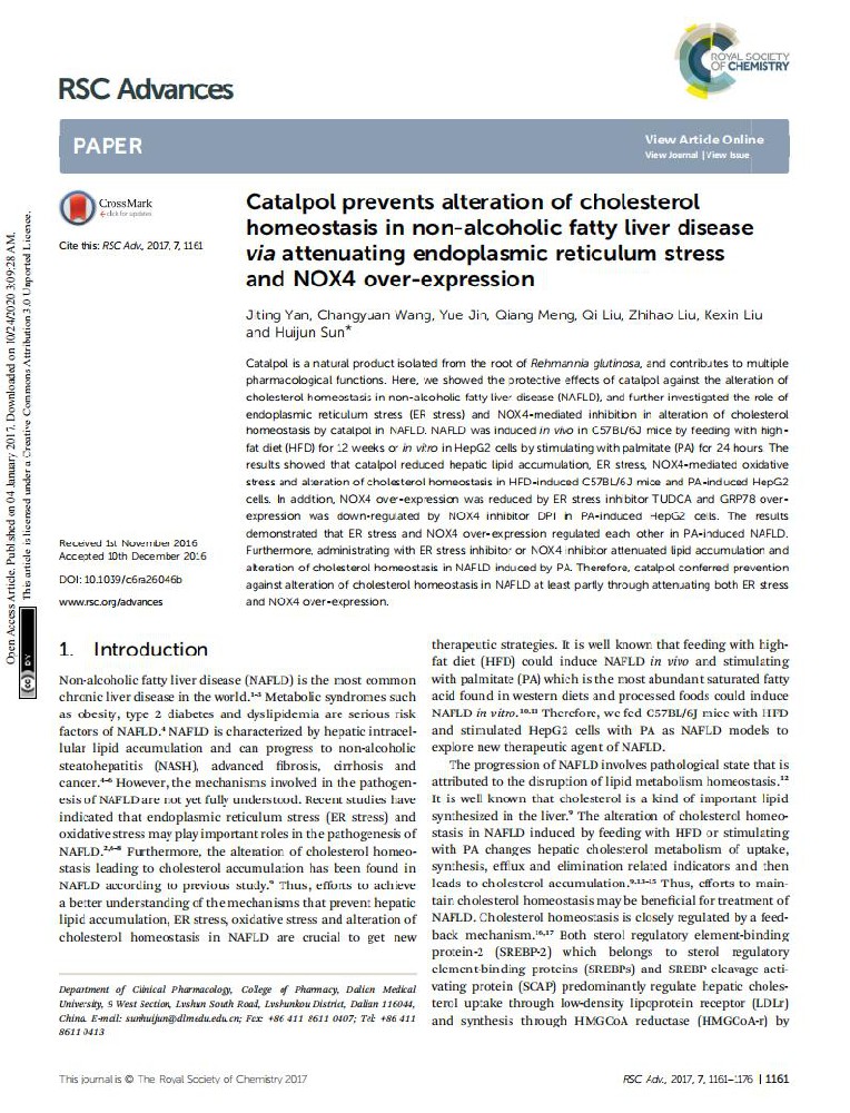 Catalpol prevents alteration of cholesterol homeostasis in non-alcoholic fatty liver disease via attenuating endoplasmic reticulum stress and NOX4 over-expression